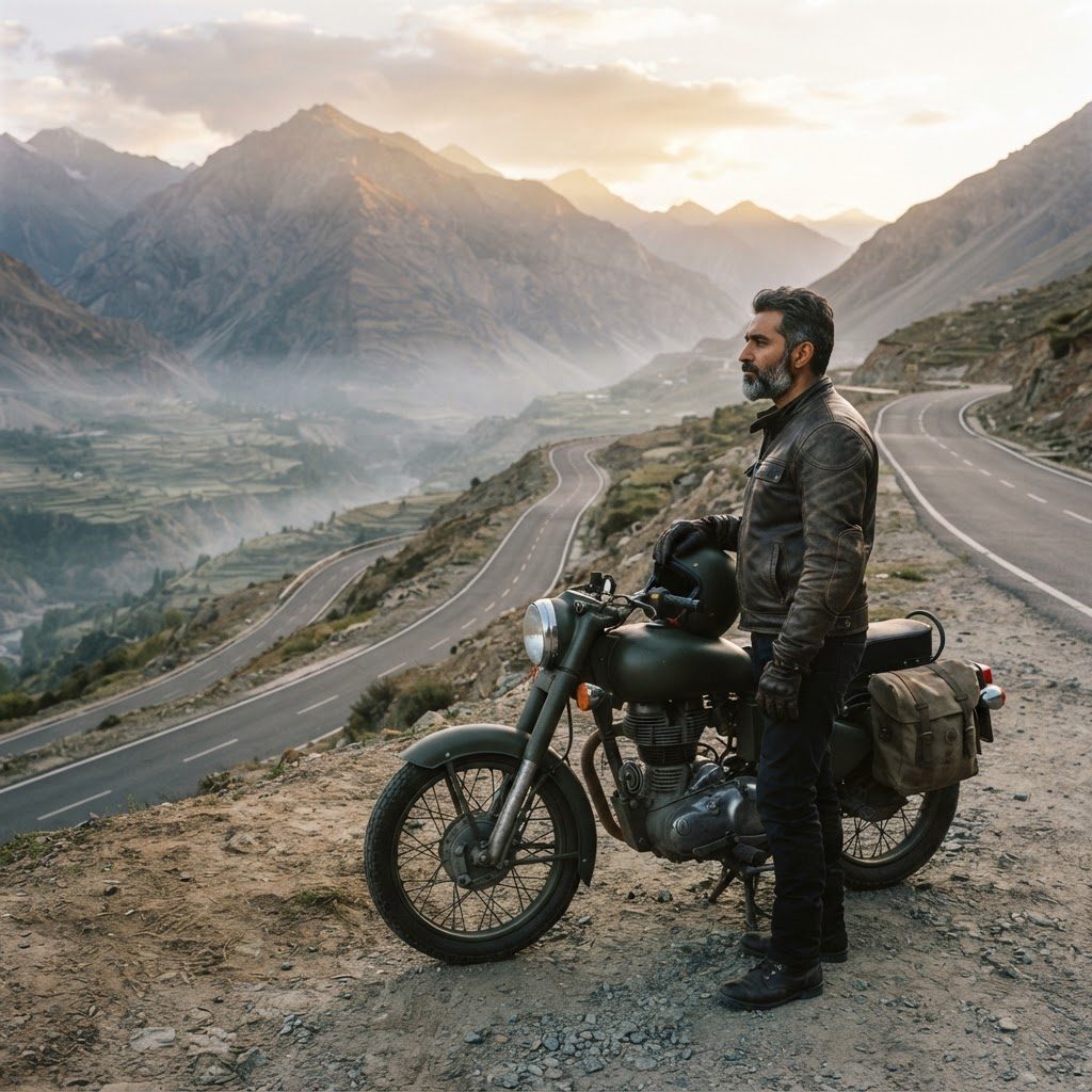 Adult rider standing beside a motorcycle and looking toward an open road.