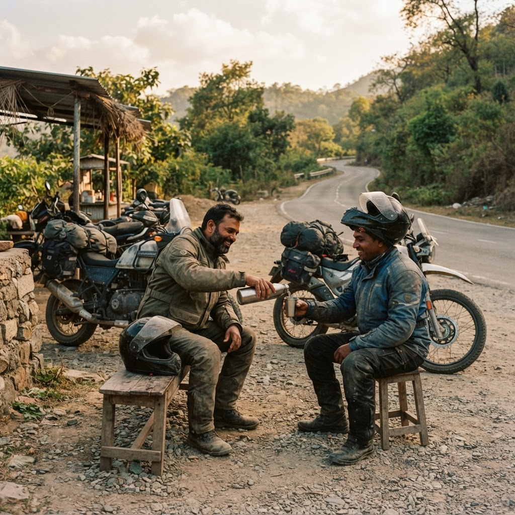 Riders taking a supported rest stop beside parked motorcycles.