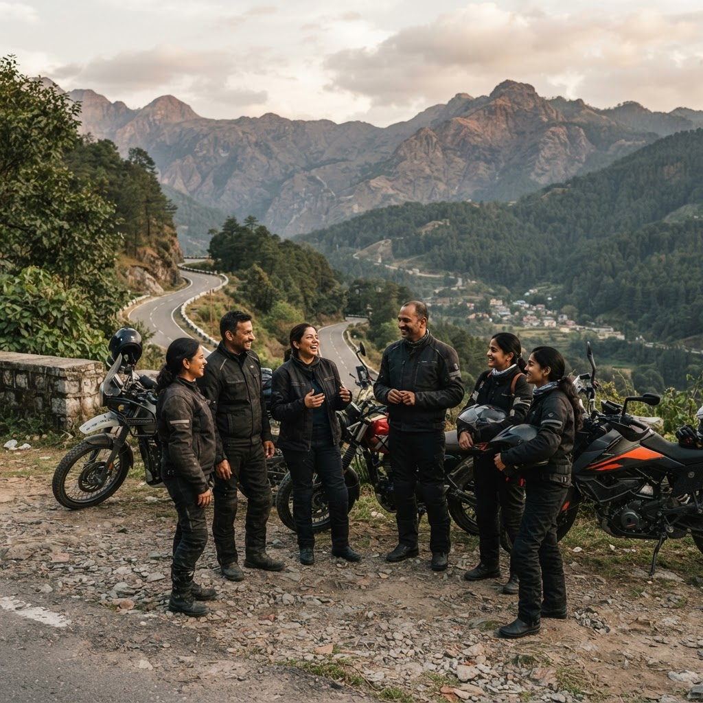 Mixed group of adult riders talking beside motorcycles after a ride.