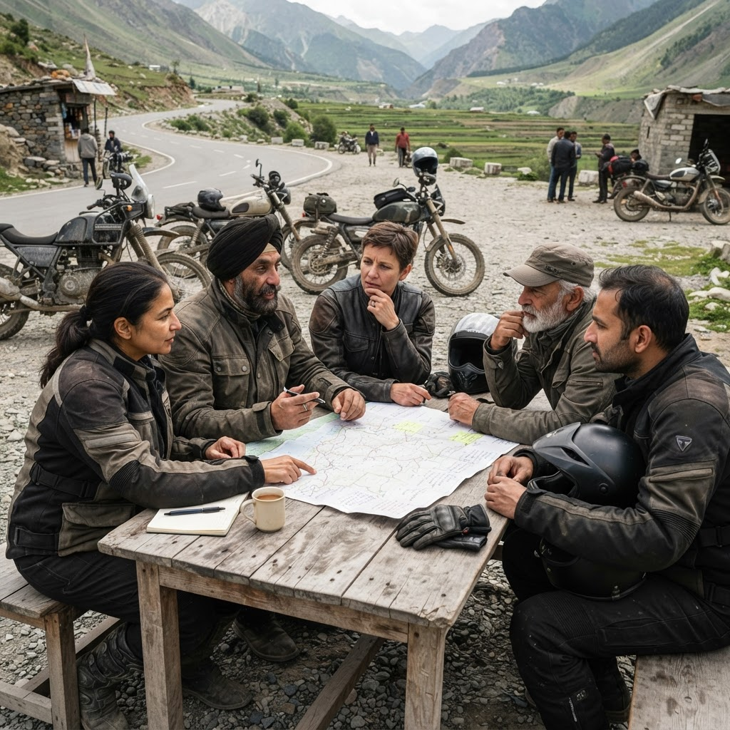 Experienced riders discussing a map and safety ideas around an outdoor table.