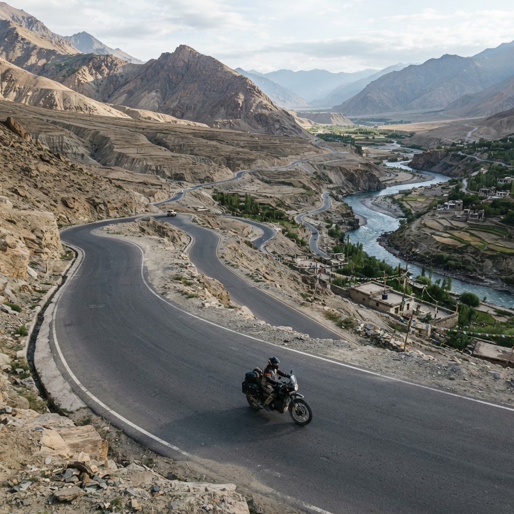 Motorcycle journey on a winding highway representing connected rider support.