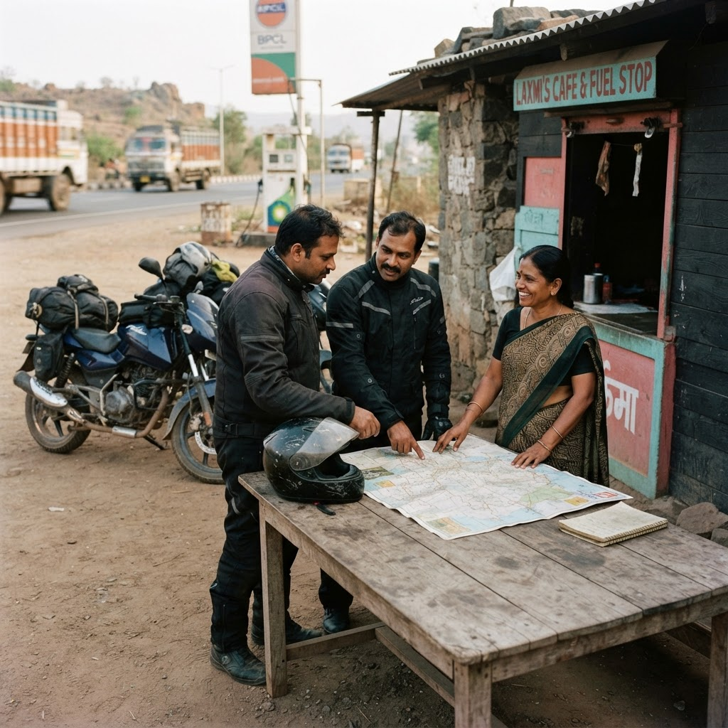Conceptual scene of riders speaking with a roadside service partner beside parked motorcycles; not a verified BBBT location.